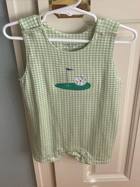 NWT Angel Dear Bamboo Green Gingham Golf Appliqué Shortie Tank Romper